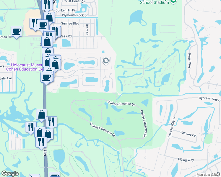 map of restaurants, bars, coffee shops, grocery stores, and more near 1382 Park Lake Drive in Naples