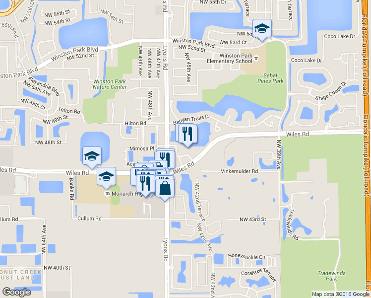 map of restaurants, bars, coffee shops, grocery stores, and more near 4664 Lyons Road in Coconut Creek