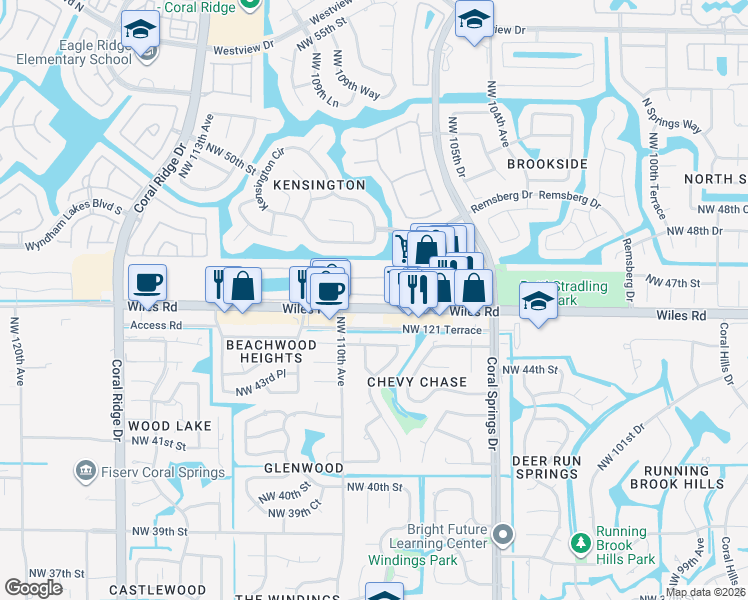 map of restaurants, bars, coffee shops, grocery stores, and more near 10853 Northwest 46th Drive in Coral Springs