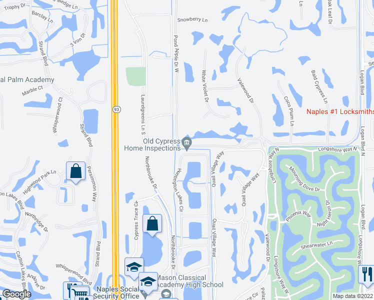 map of restaurants, bars, coffee shops, grocery stores, and more near 6740 Huntington Lakes Circle in Naples