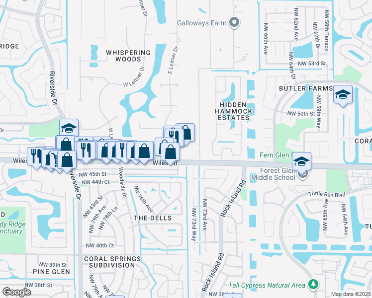 map of restaurants, bars, coffee shops, grocery stores, and more near 7351 Wiles Road in Coral Springs