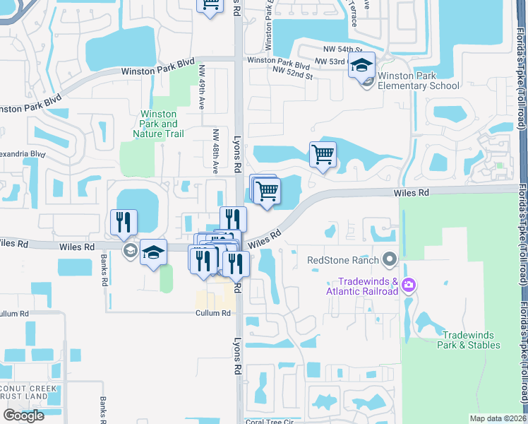 map of restaurants, bars, coffee shops, grocery stores, and more near 4570 Lyons Road in Coconut Creek