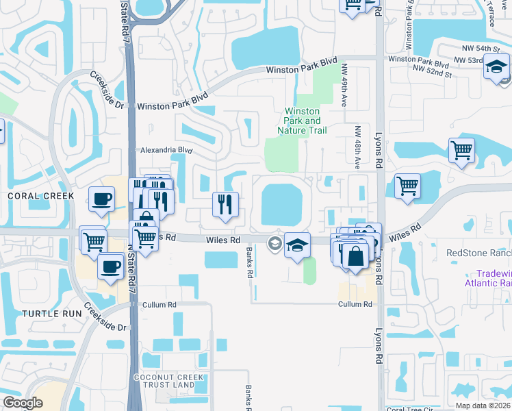 map of restaurants, bars, coffee shops, grocery stores, and more near 5021 Wiles Road in Coconut Creek