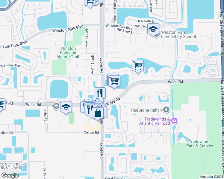 map of restaurants, bars, coffee shops, grocery stores, and more near 4570 Lyons Road in Coconut Creek