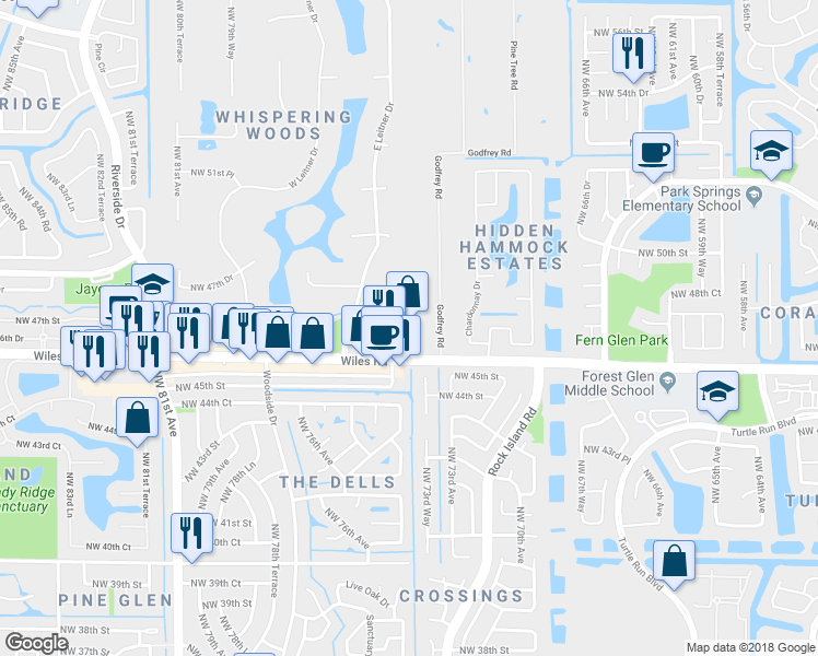 map of restaurants, bars, coffee shops, grocery stores, and more near 7351 Wiles Road in Coral Springs