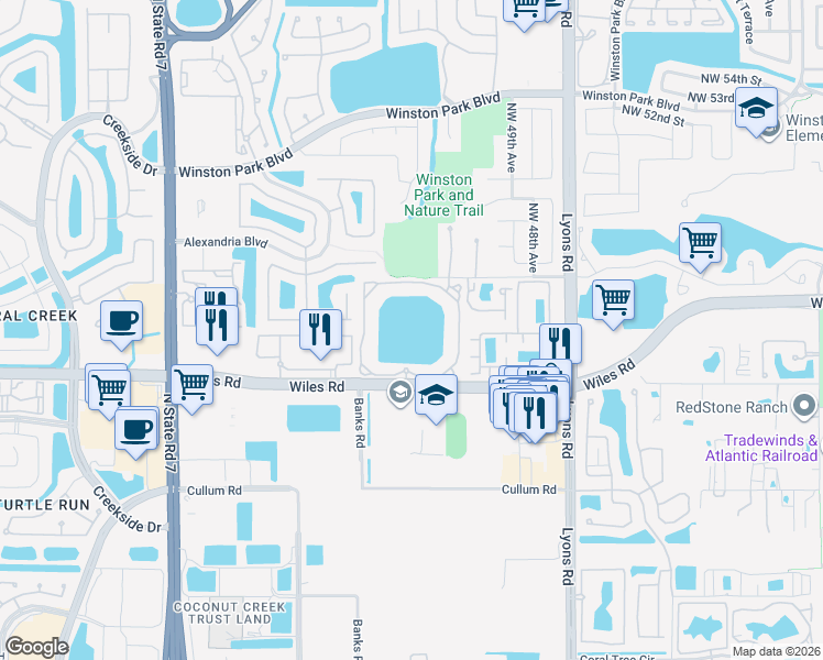 map of restaurants, bars, coffee shops, grocery stores, and more near 5065 Wiles Road in Coconut Creek