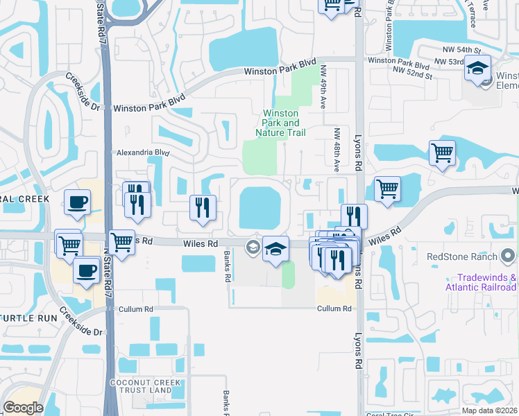 map of restaurants, bars, coffee shops, grocery stores, and more near 5065 Wiles Road in Coconut Creek