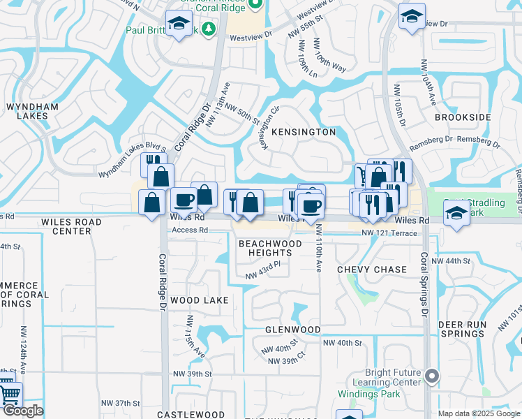 map of restaurants, bars, coffee shops, grocery stores, and more near 11135 Northwest 46th Drive in Coral Springs