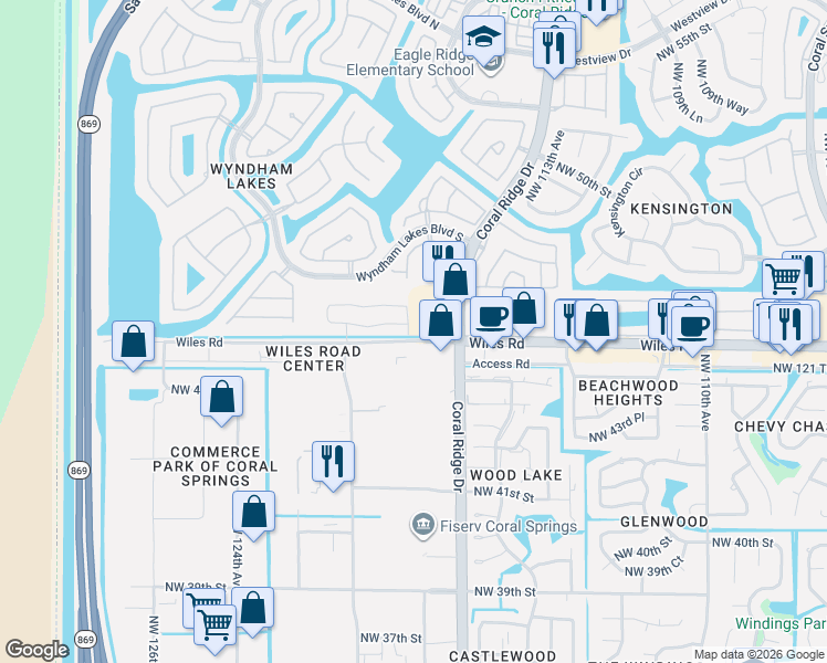 map of restaurants, bars, coffee shops, grocery stores, and more near 11809-12031 Wiles Road in Coral Springs