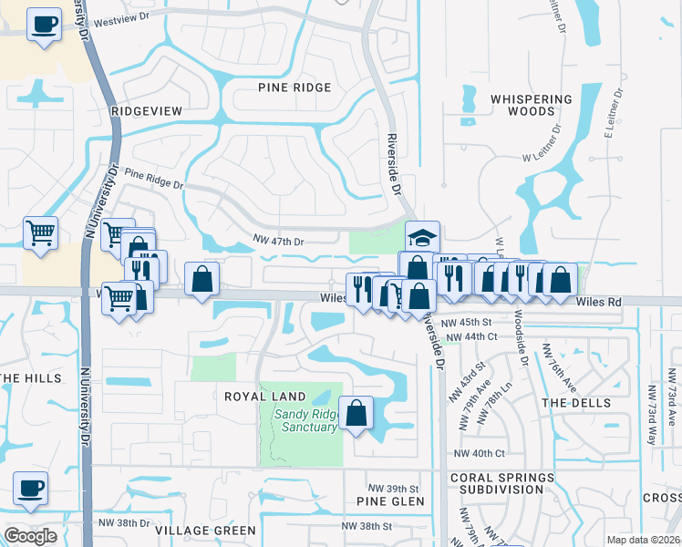 map of restaurants, bars, coffee shops, grocery stores, and more near 8435 Northwest 46th Drive in Coral Springs