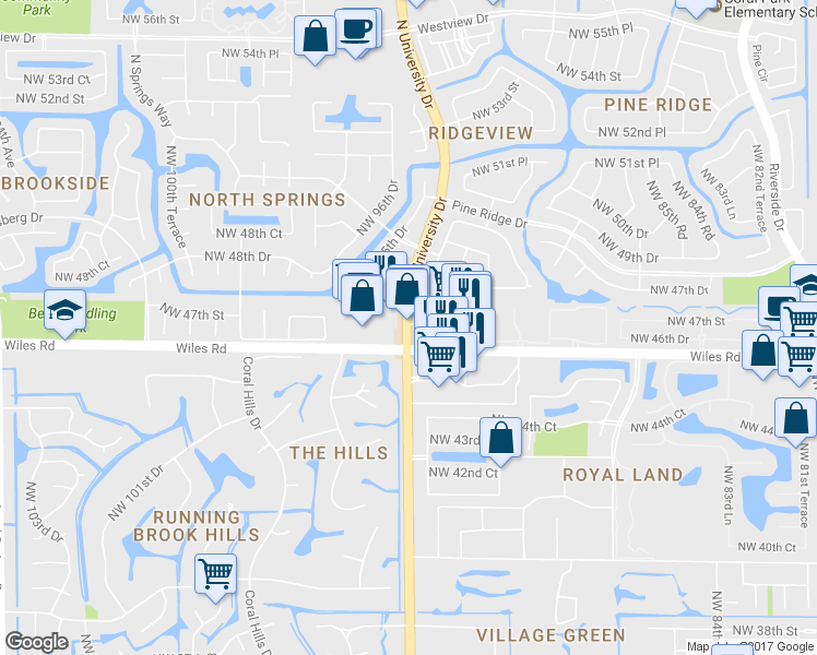 map of restaurants, bars, coffee shops, grocery stores, and more near 4661 North University Drive in Coral Springs