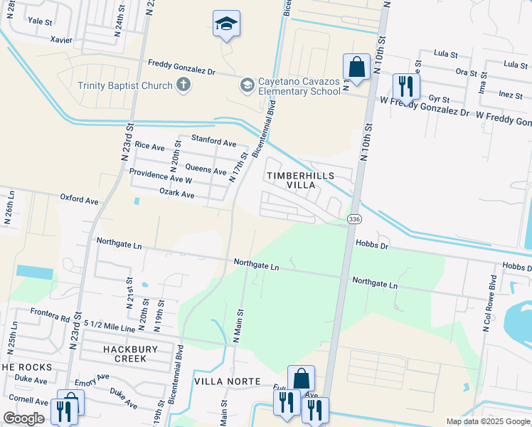 map of restaurants, bars, coffee shops, grocery stores, and more near 1433 Ozark Avenue in McAllen
