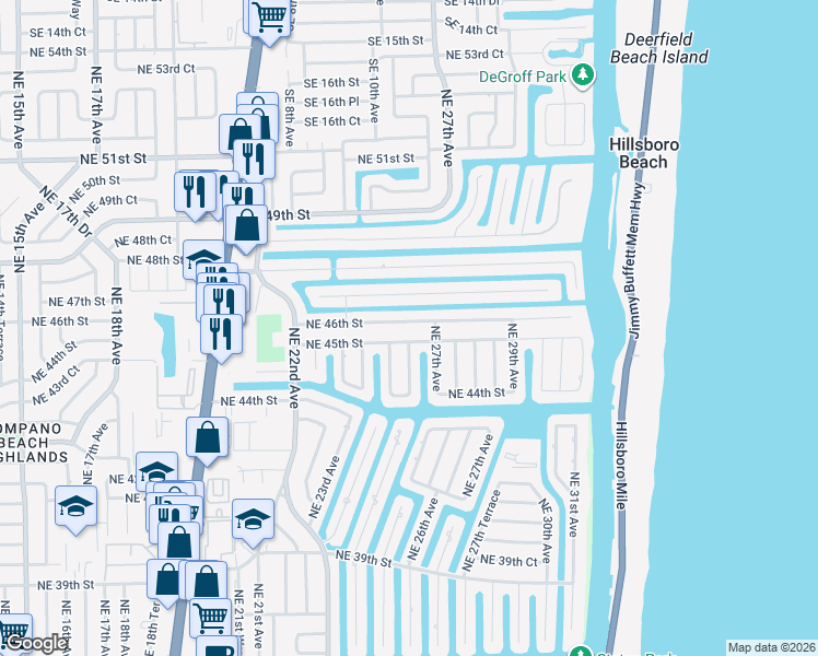 map of restaurants, bars, coffee shops, grocery stores, and more near 2601 Northeast 45th Street in Lighthouse Point