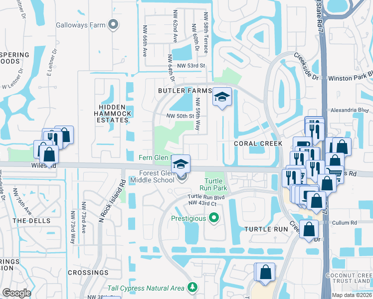 map of restaurants, bars, coffee shops, grocery stores, and more near 4708 Northwest 60th Lane in Coral Springs