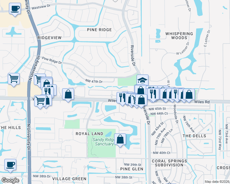 map of restaurants, bars, coffee shops, grocery stores, and more near 8435 Northwest 46th Drive in Coral Springs