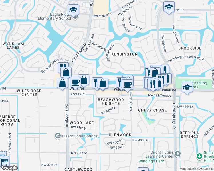 map of restaurants, bars, coffee shops, grocery stores, and more near 12444 Wiles Road in Coral Springs