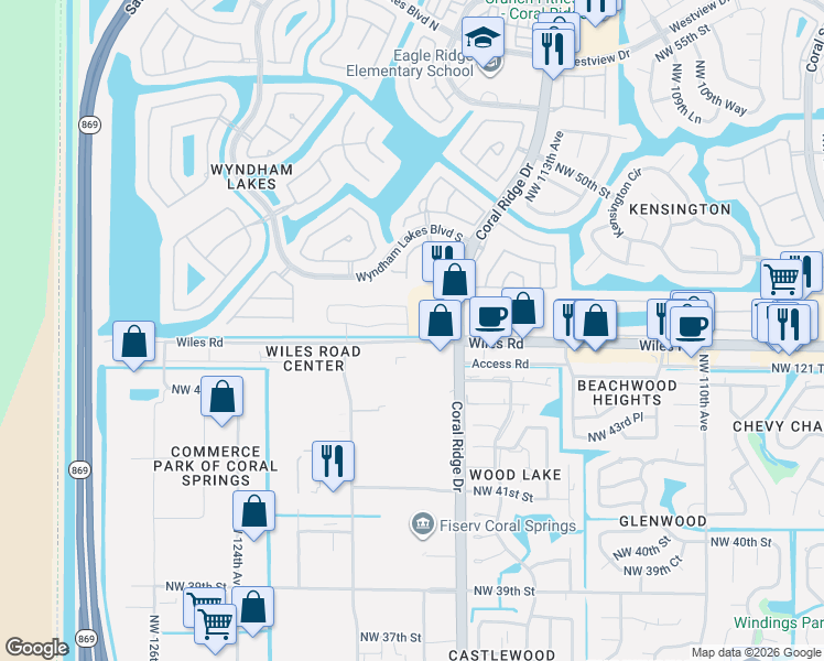 map of restaurants, bars, coffee shops, grocery stores, and more near 11809-12031 Wiles Road in Coral Springs