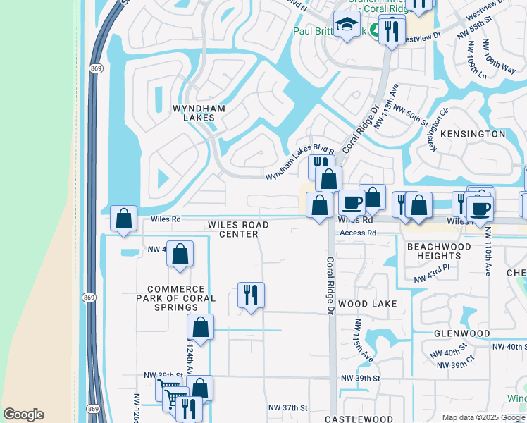 map of restaurants, bars, coffee shops, grocery stores, and more near 11866 Wiles Road in Tamarac