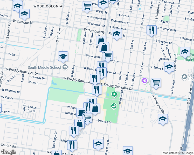 map of restaurants, bars, coffee shops, grocery stores, and more near 1512 South Closner Boulevard in Edinburg