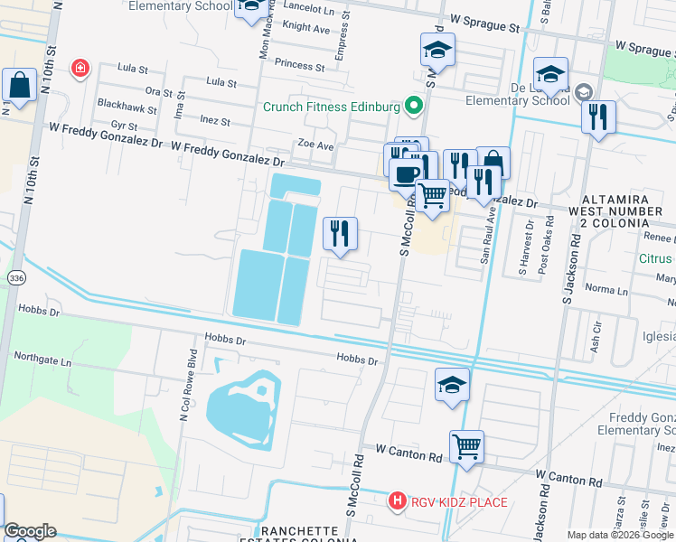 map of restaurants, bars, coffee shops, grocery stores, and more near 3136 Regal Drive in Edinburg