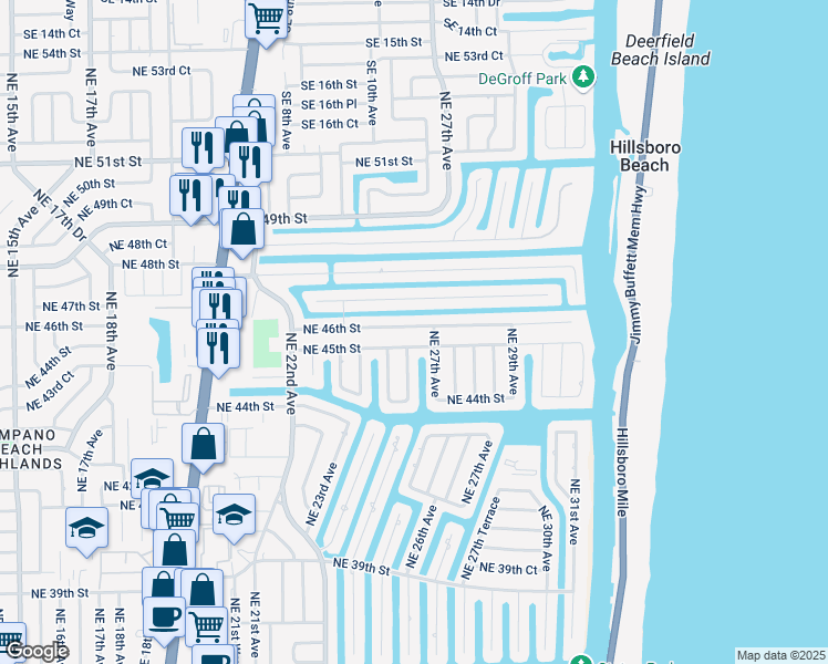 map of restaurants, bars, coffee shops, grocery stores, and more near 2601 Northeast 45th Street in Lighthouse Point