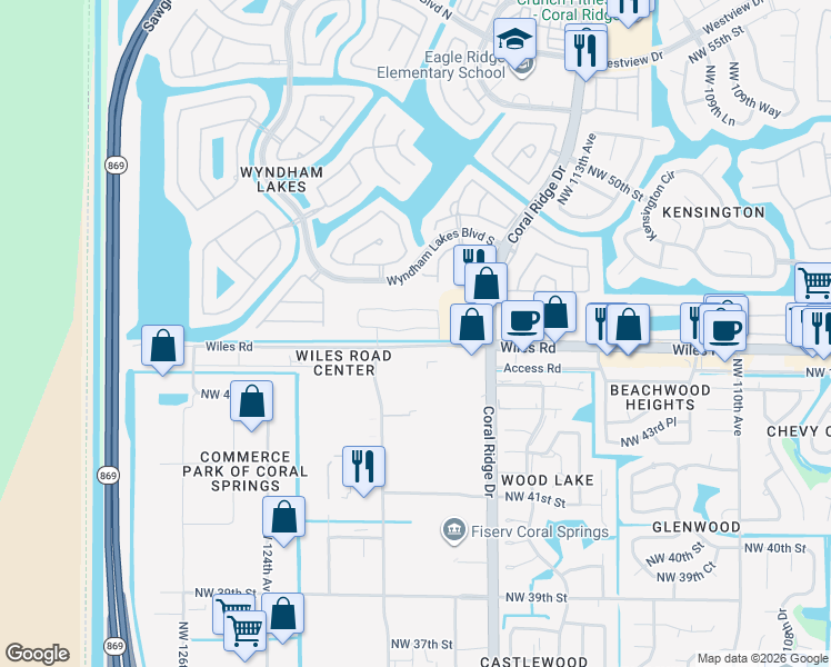 map of restaurants, bars, coffee shops, grocery stores, and more near 11866 Wiles Road in Tamarac