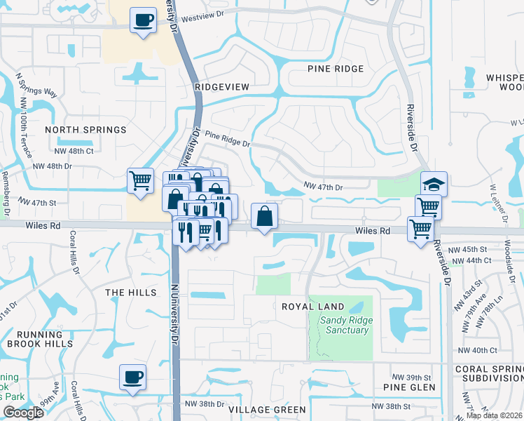 map of restaurants, bars, coffee shops, grocery stores, and more near 8931 Palm Drive in Coral Springs