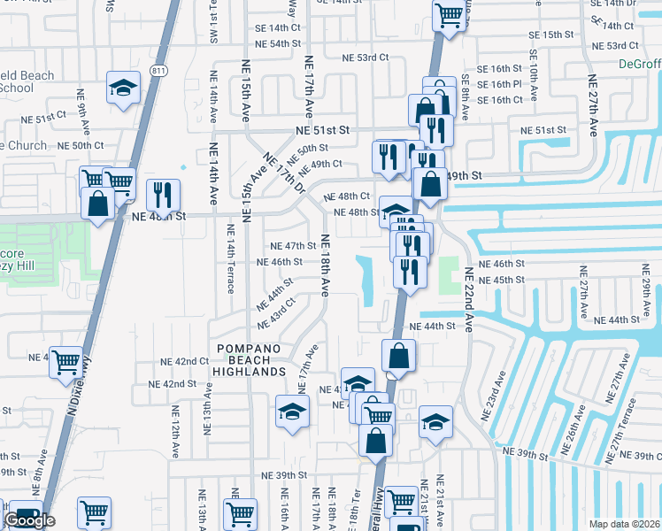 map of restaurants, bars, coffee shops, grocery stores, and more near 1711 Northeast 44th Street in Pompano Beach