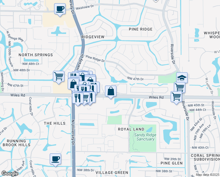 map of restaurants, bars, coffee shops, grocery stores, and more near 8931 Palm Drive in Coral Springs