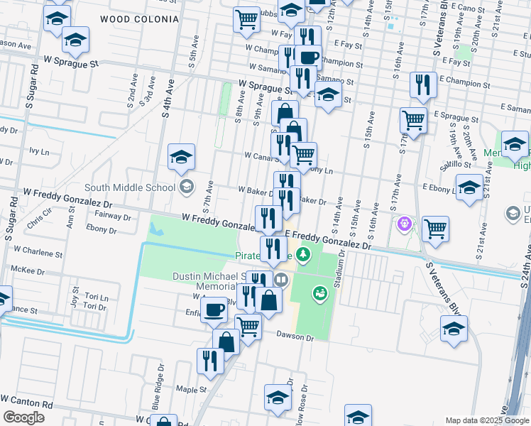 map of restaurants, bars, coffee shops, grocery stores, and more near 1502 South 10th Avenue in Edinburg