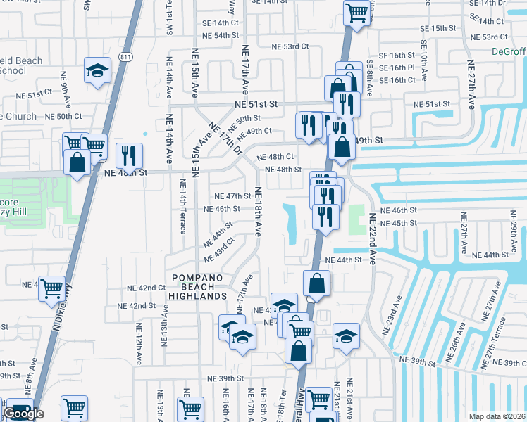 map of restaurants, bars, coffee shops, grocery stores, and more near 1711 Northeast 44th Street in Pompano Beach