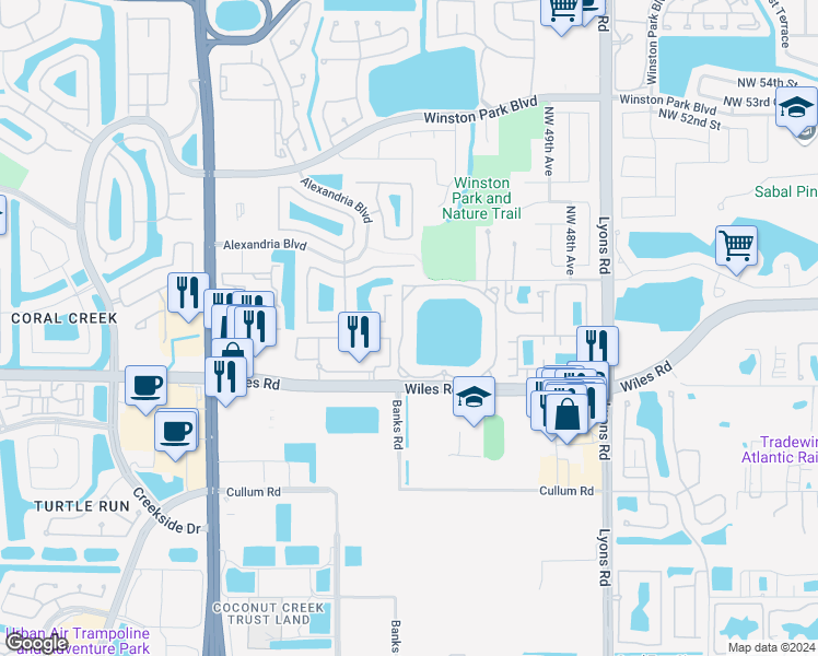 map of restaurants, bars, coffee shops, grocery stores, and more near 5021 Wiles Road in Coconut Creek