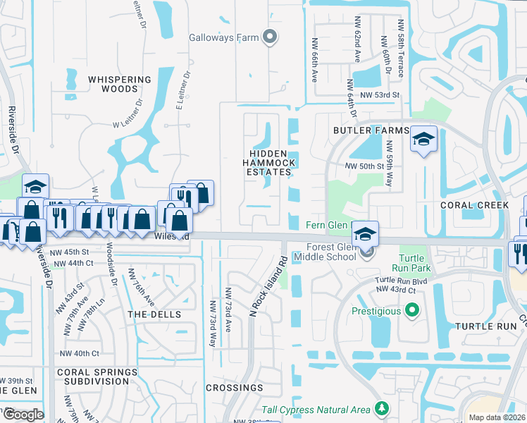 map of restaurants, bars, coffee shops, grocery stores, and more near 4642 Rothschild Drive in Coral Springs