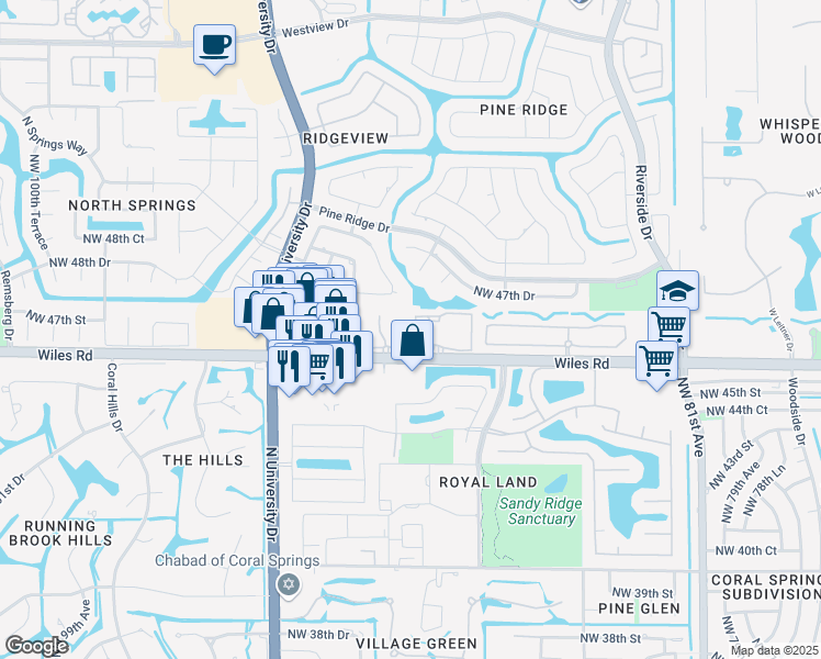 map of restaurants, bars, coffee shops, grocery stores, and more near 8931 Palm Drive in Coral Springs