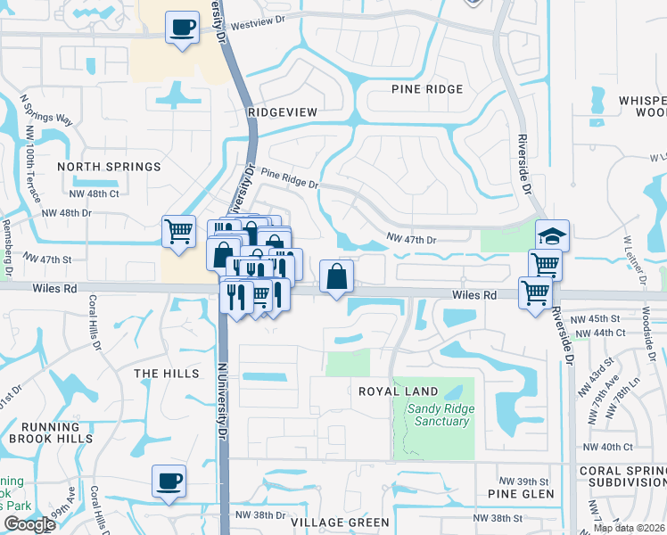 map of restaurants, bars, coffee shops, grocery stores, and more near 8931 Palm Drive in Coral Springs