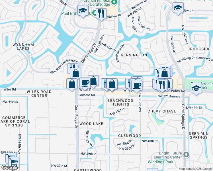 map of restaurants, bars, coffee shops, grocery stores, and more near 11172 Northwest 46th Drive in Coral Springs