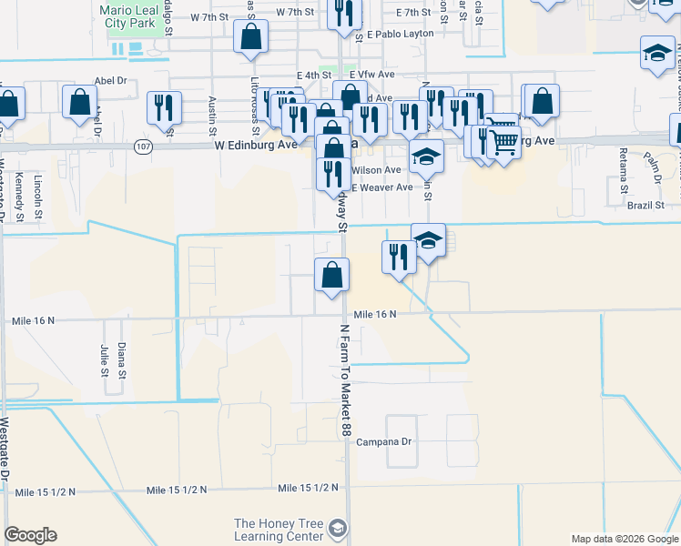 map of restaurants, bars, coffee shops, grocery stores, and more near 404 Azucar Boulevard in Edcouch