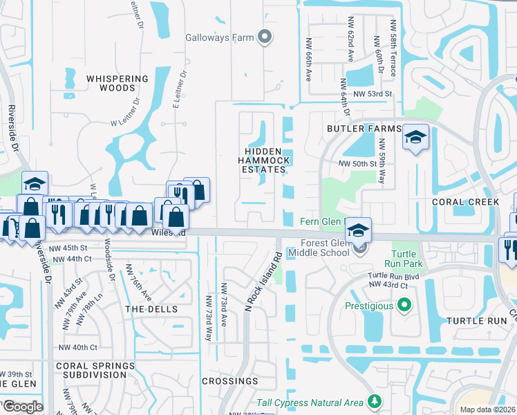 map of restaurants, bars, coffee shops, grocery stores, and more near 4642 Rothschild Drive in Coral Springs