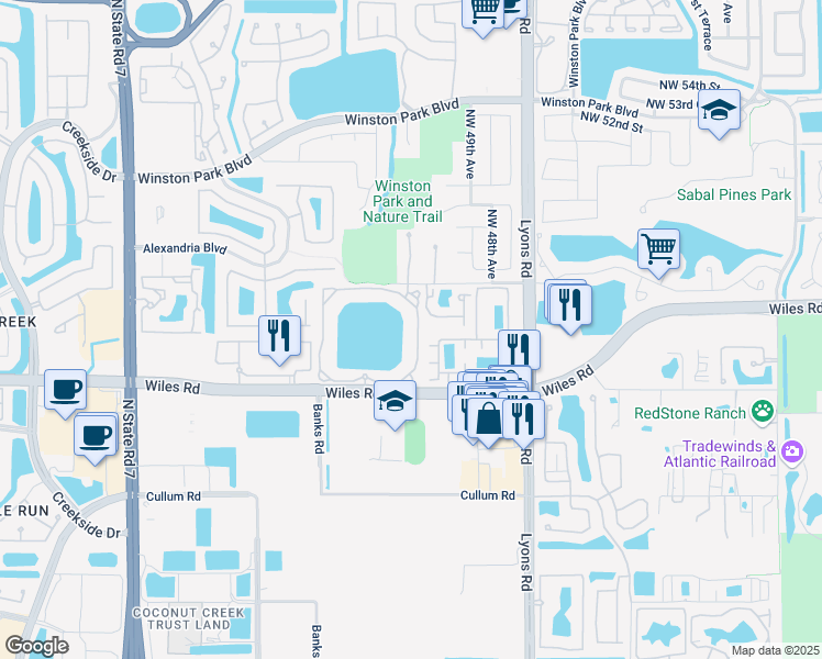 map of restaurants, bars, coffee shops, grocery stores, and more near 5055 Wiles Road in Coconut Creek