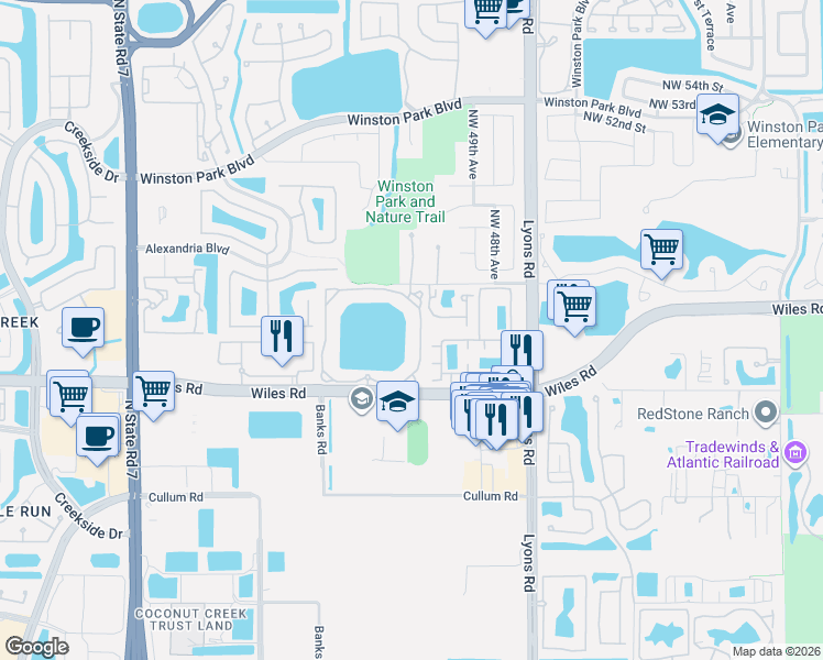 map of restaurants, bars, coffee shops, grocery stores, and more near 5055 Wiles Road in Coconut Creek