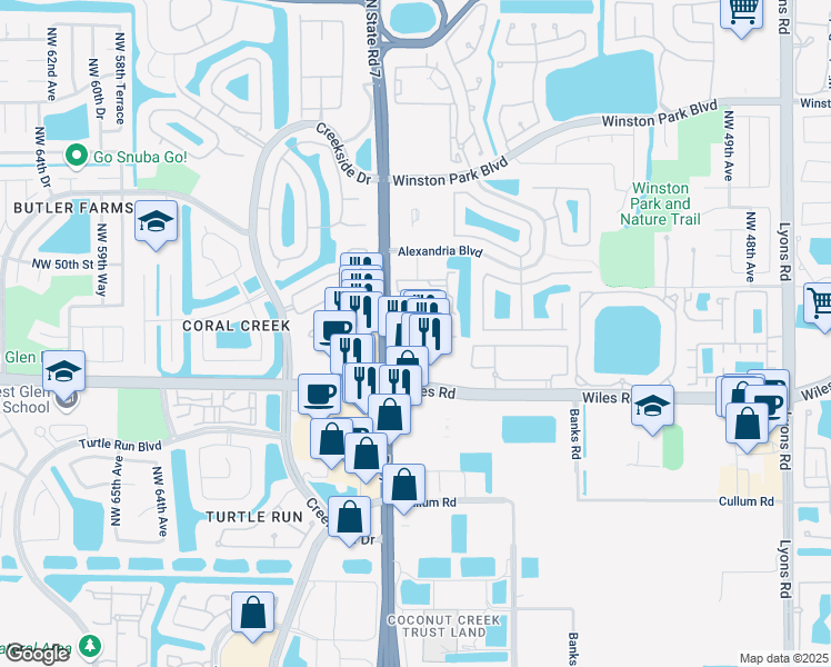 map of restaurants, bars, coffee shops, grocery stores, and more near 4690 North State Road 7 in Coconut Creek