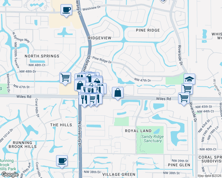 map of restaurants, bars, coffee shops, grocery stores, and more near 8931 Palm Drive in Coral Springs