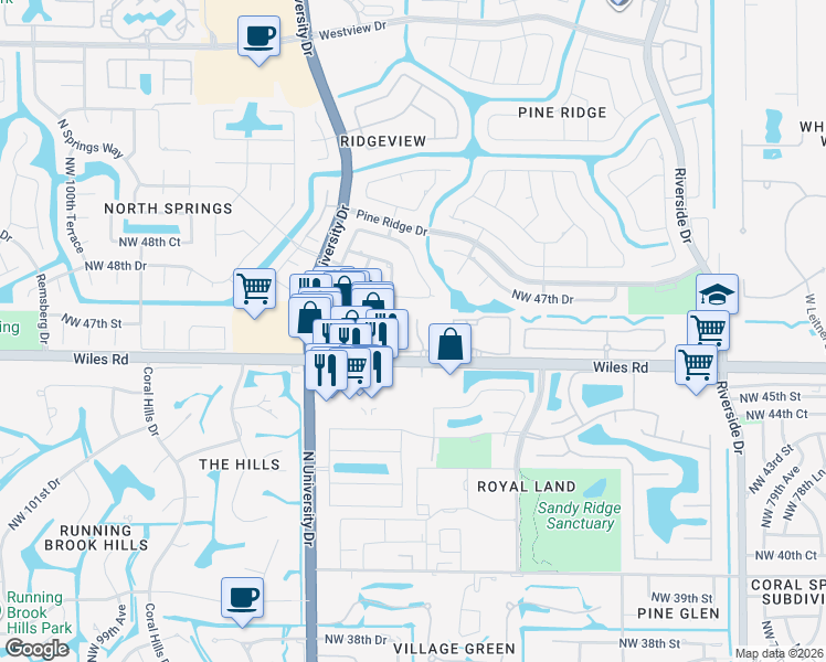 map of restaurants, bars, coffee shops, grocery stores, and more near in Coral Springs