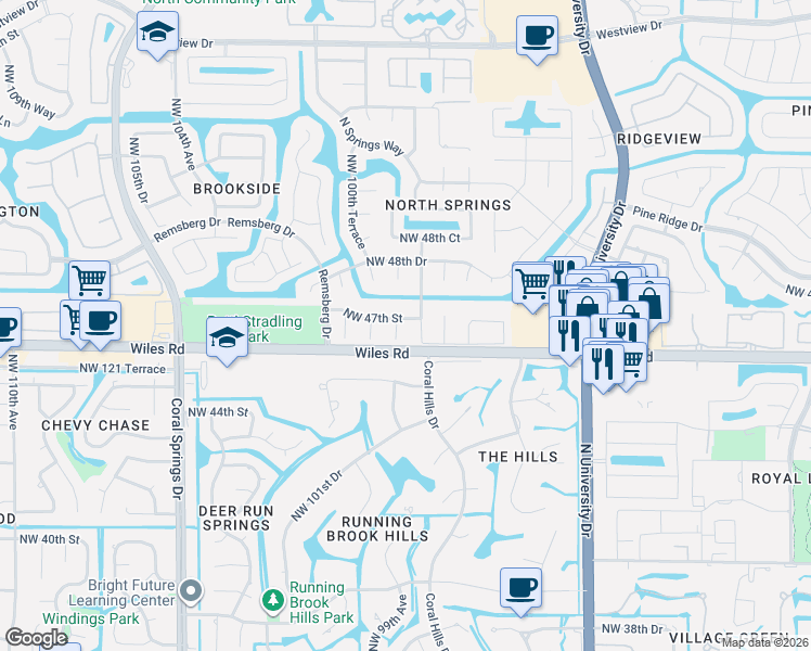 map of restaurants, bars, coffee shops, grocery stores, and more near 4615 Northwest 99th Lane in Coral Springs