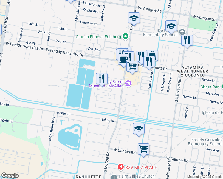 map of restaurants, bars, coffee shops, grocery stores, and more near 2027 Gateway Drive in Edinburg