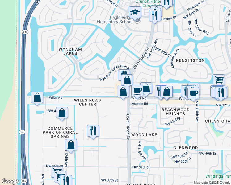 map of restaurants, bars, coffee shops, grocery stores, and more near 11809-12031 Wiles Road in Coral Springs