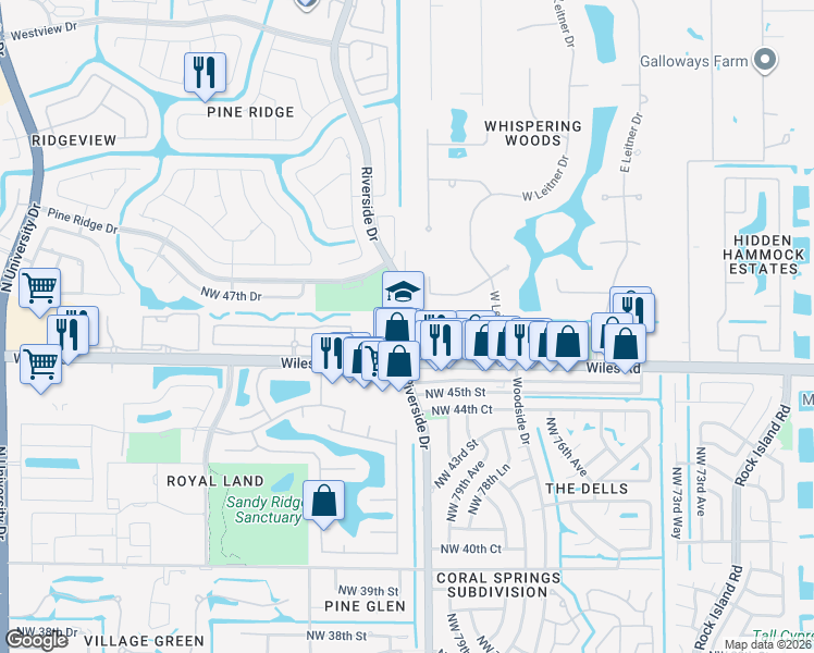 map of restaurants, bars, coffee shops, grocery stores, and more near 8151 Wiles Road in Coral Springs