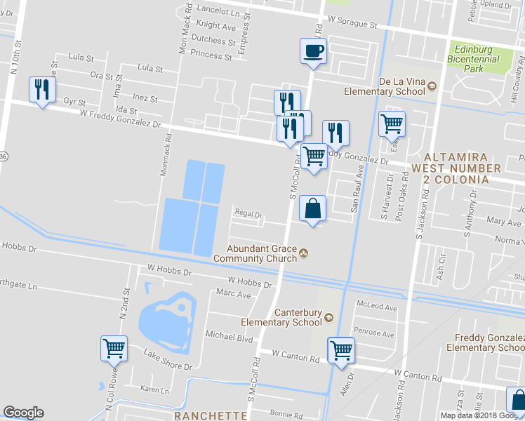 map of restaurants, bars, coffee shops, grocery stores, and more near 3027 Regal Drive in Edinburg
