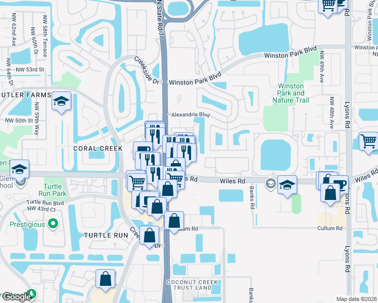 map of restaurants, bars, coffee shops, grocery stores, and more near 4820 North State Road 7 in Coconut Creek