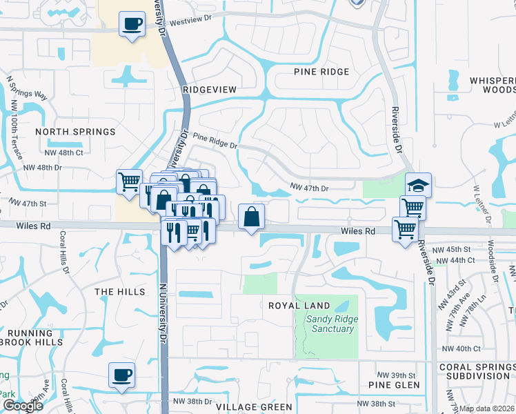 map of restaurants, bars, coffee shops, grocery stores, and more near 8811 Wiles Road in Coral Springs